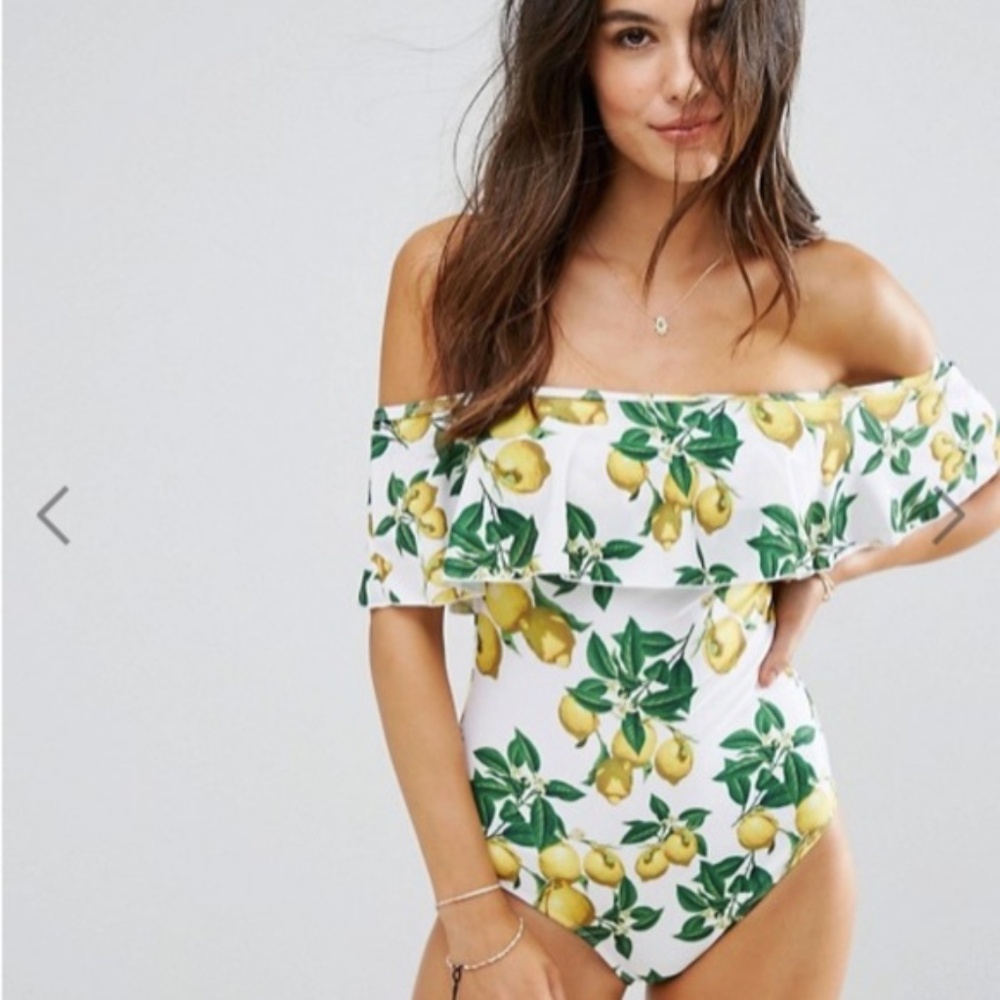 ASOS Playful Promises Beach Lemon Print Bardot Frill Swimsuit - Size 4 (UK 8)